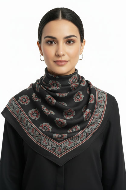 Ajrakh Hand Block Print Black Color Cotton Scarf | Traditional Geometric Print | 120×105 cm