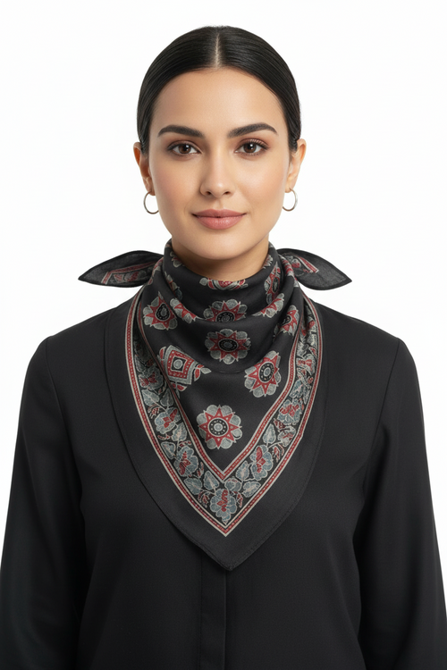Ajrakh Hand Block Print Black Color Cotton Scarf | Traditional Geometric Print | 120×105 cm