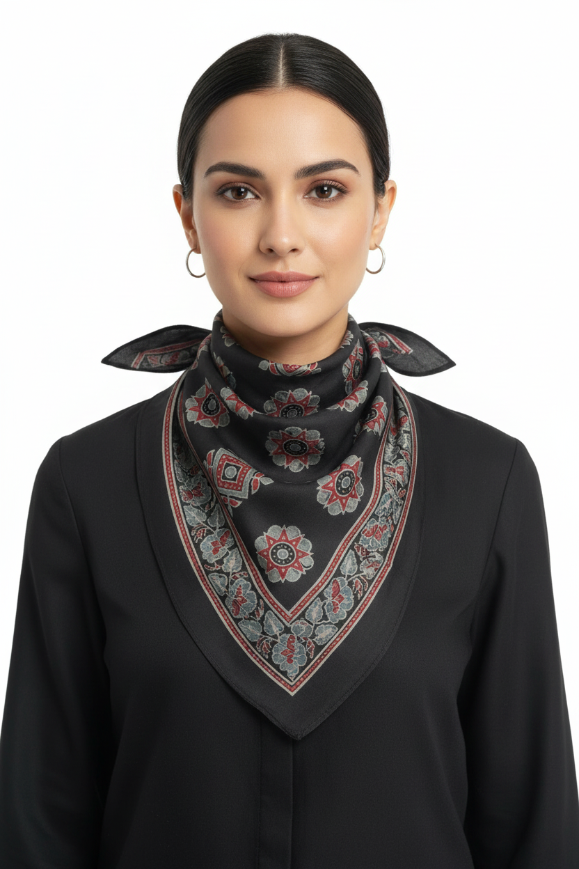 Ajrakh Hand Block Print Black Color Cotton Scarf | Traditional Geometric Print | 120×105 cm