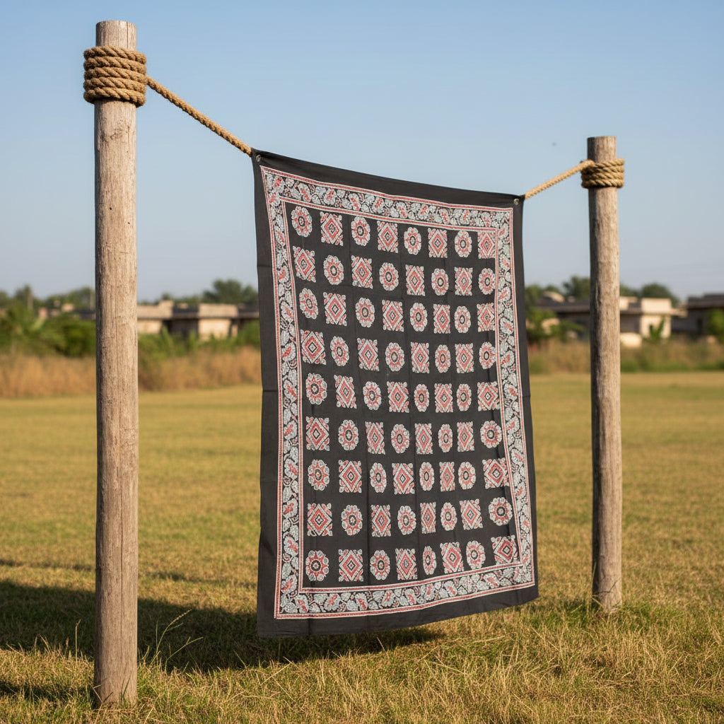 Ajrakh Hand Block Print Black Color Cotton Scarf | Traditional Geometric Print | 120×105 cm