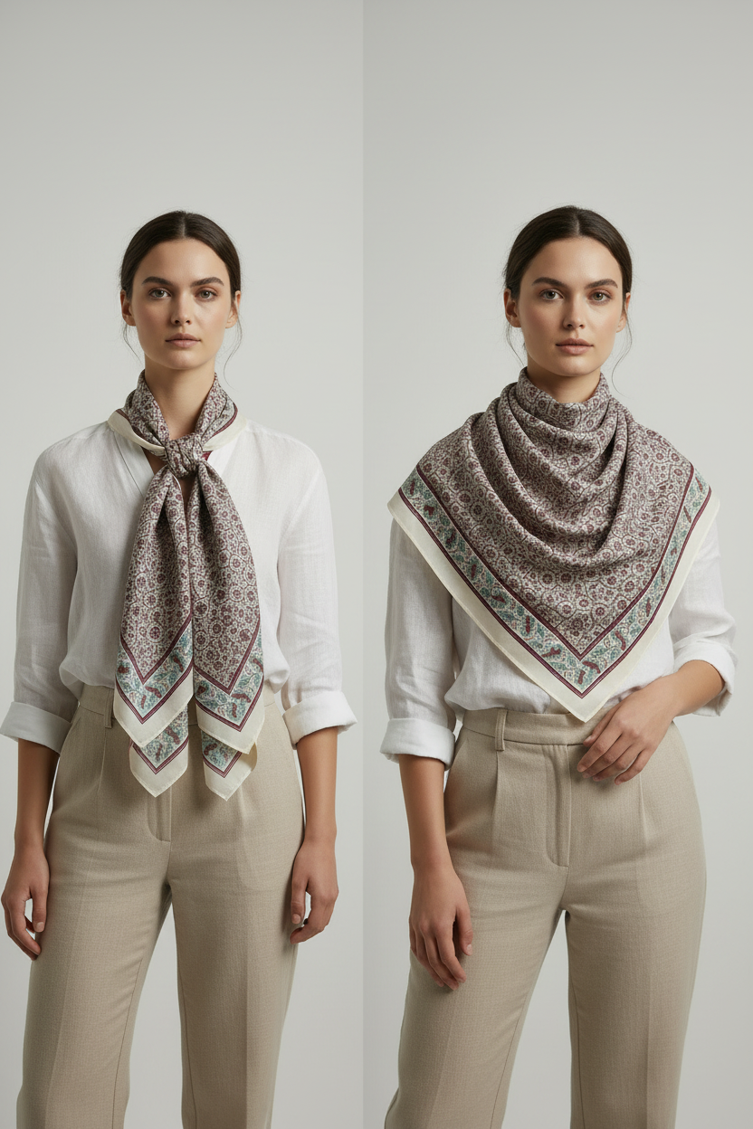 Ajrakh Hand Block Print Beige Color Cotton Scarf | Traditional Geometric Print | 120×105 cm