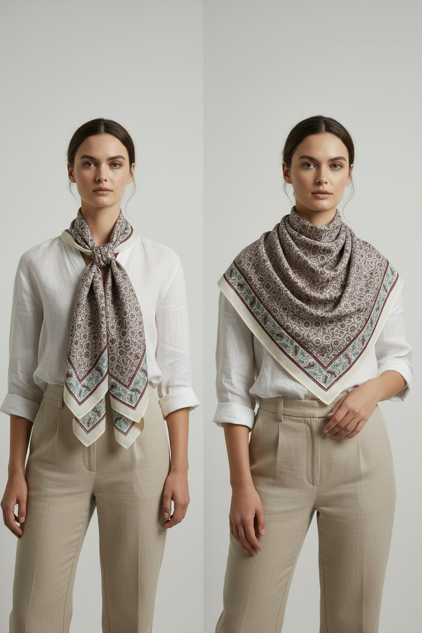 Ajrakh Hand Block Print Beige Color Cotton Scarf | Traditional Geometric Print | 120×105 cm