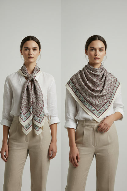 Ajrakh Hand Block Print Beige Color Cotton Scarf | Traditional Geometric Print | 120×105 cm
