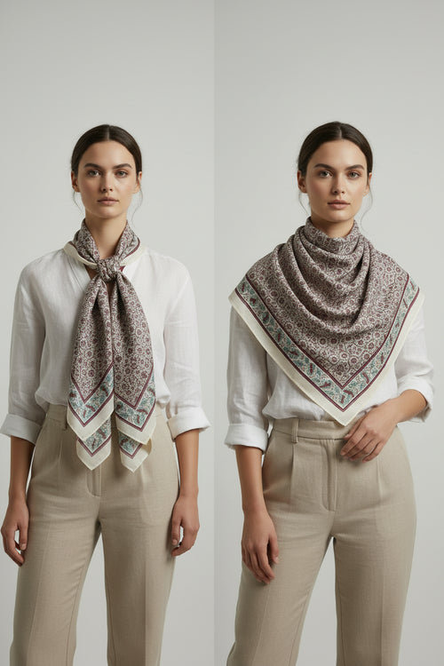 Ajrakh Hand Block Print Beige Color Cotton Scarf | Traditional Geometric Print | 120×105 cm