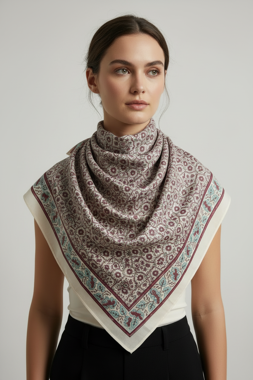Ajrakh Hand Block Print Beige Color Cotton Scarf | Traditional Geometric Print | 120×105 cm