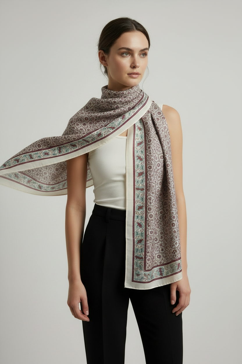 Ajrakh Hand Block Print Beige Color Cotton Scarf | Traditional Geometric Print | 120×105 cm