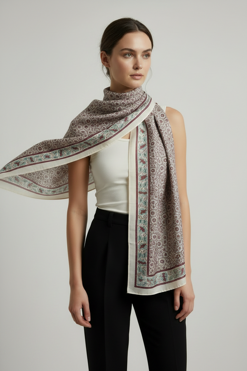 Ajrakh Hand Block Print Beige Color Cotton Scarf | Traditional Geometric Print | 120×105 cm