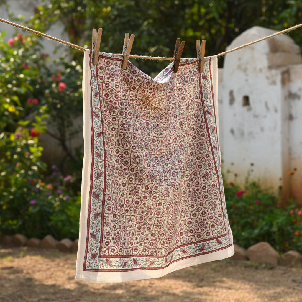 Ajrakh Hand Block Print Beige Color Cotton Scarf | Traditional Geometric Print | 120×105 cm