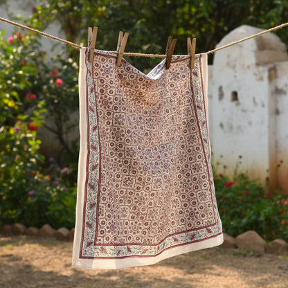 Ajrakh Hand Block Print Beige Color Cotton Scarf | Traditional Geometric Print | 120×105 cm