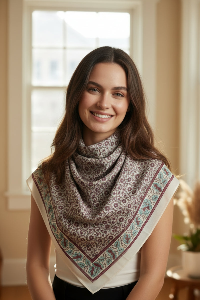 Ajrakh Hand Block Print Beige Color Cotton Scarf | Traditional Geometric Print | 120×105 cm