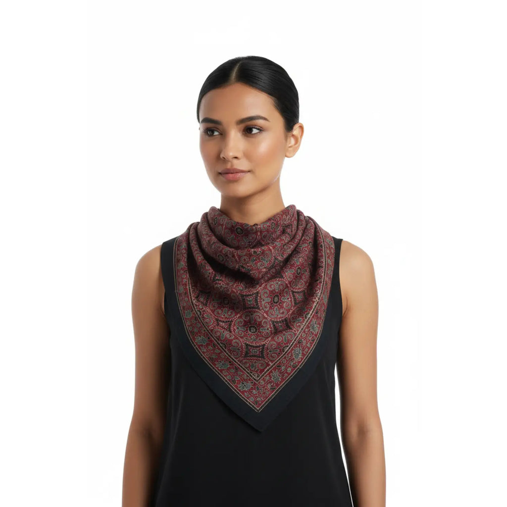 Ajrakh Hand Block Print Maroon Color Cotton Scarf | Traditional Geometric Print | 120×105 cm