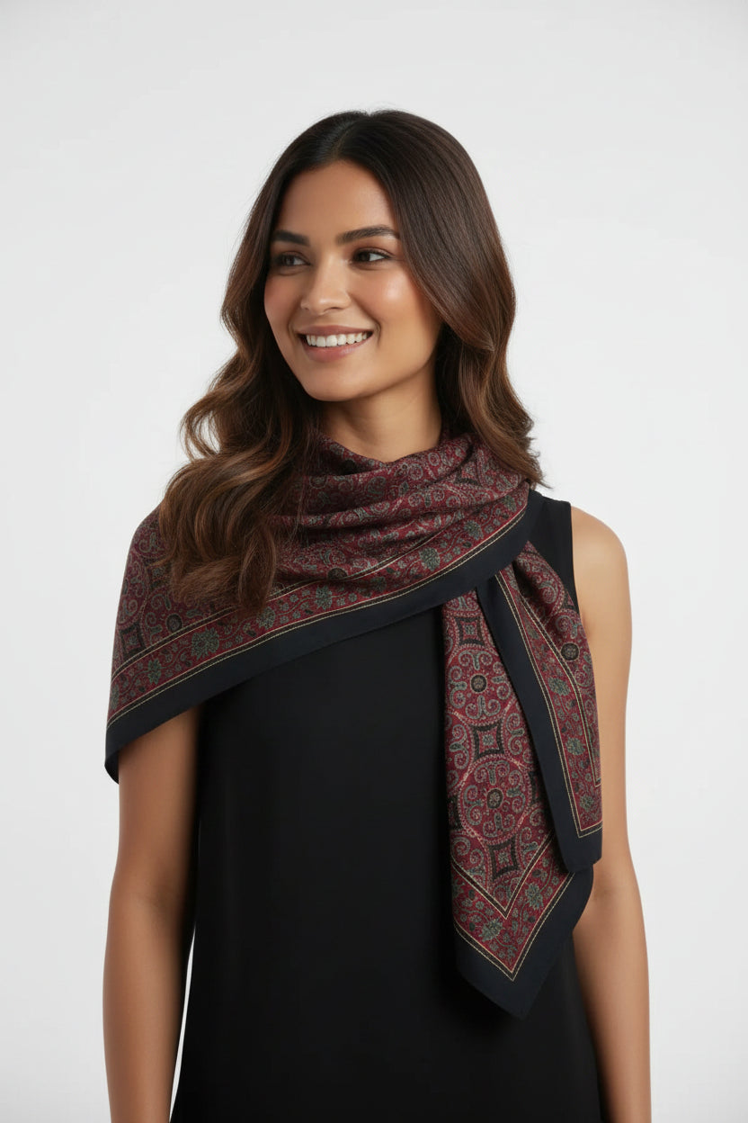 Ajrakh Hand Block Print Maroon Color Cotton Scarf | Traditional Geometric Print | 120×105 cm