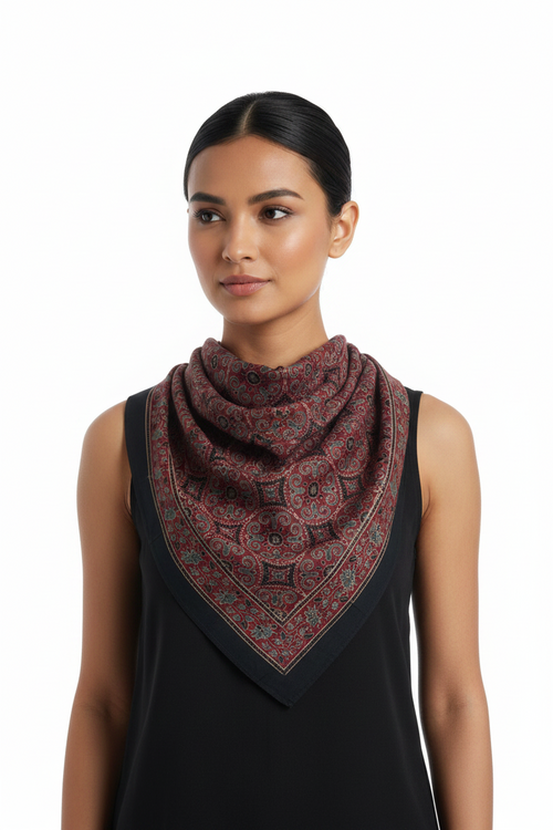Ajrakh Hand Block Print Maroon Color Cotton Scarf | Traditional Geometric Print | 120×105 cm
