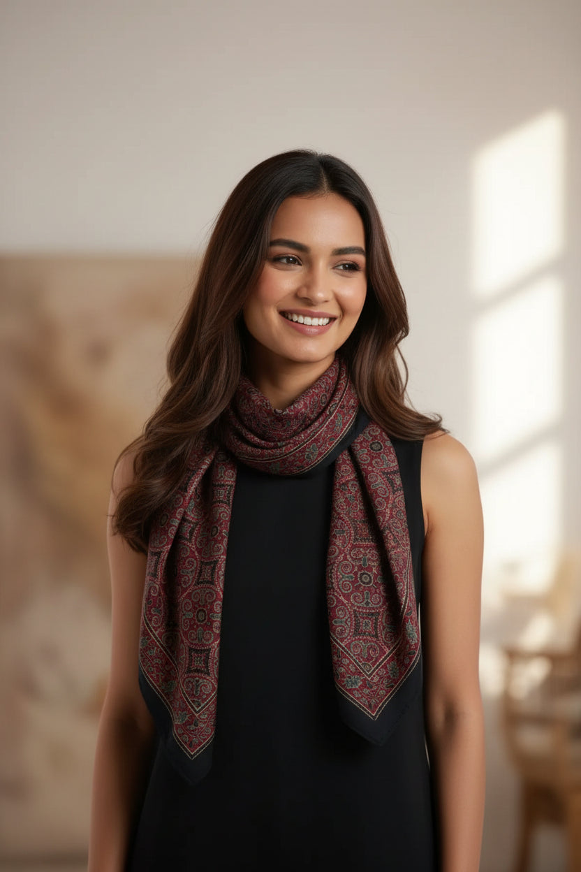 Ajrakh Hand Block Print Maroon Color Cotton Scarf | Traditional Geometric Print | 120×105 cm