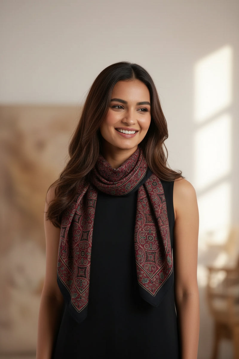 Ajrakh Hand Block Print Maroon Color Cotton Scarf | Traditional Geometric Print | 120×105 cm