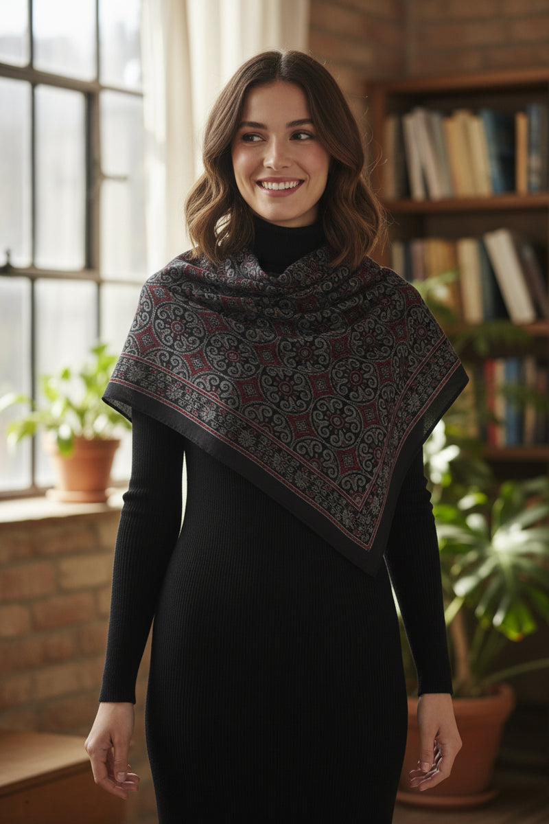 Ajrakh Hand Block Print Black Color Cotton Scarf | Traditional Geometric Print | 120×105 cm