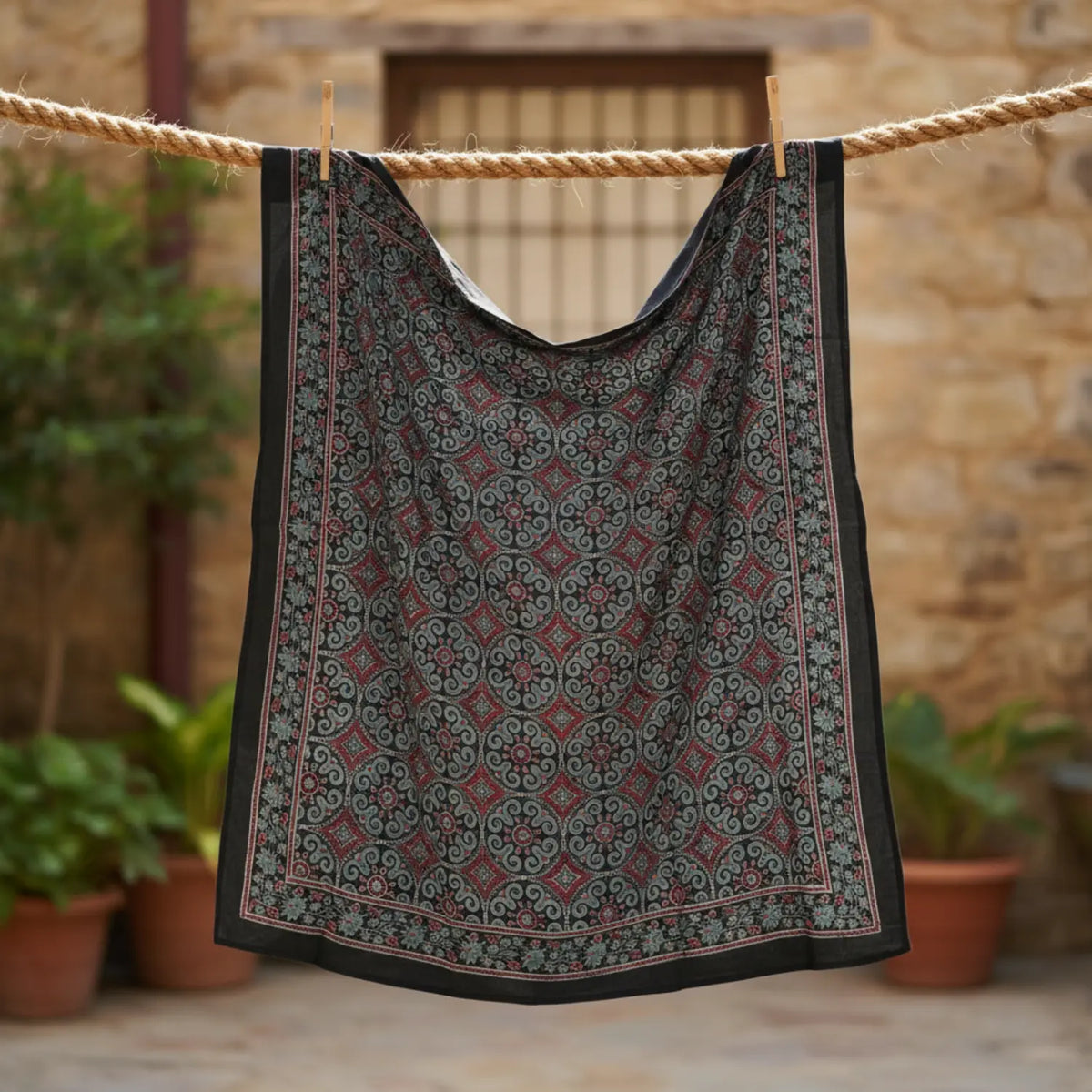 Ajrakh Hand Block Print Black Color Cotton Scarf | Traditional Geometric Print | 120×105 cm