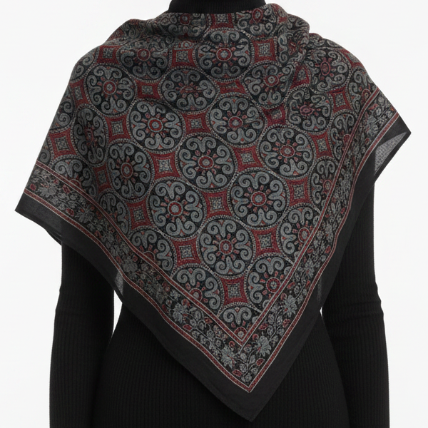 Ajrakh Hand Block Print Black Color Cotton Scarf | Traditional Geometric Print | 120×105 cm