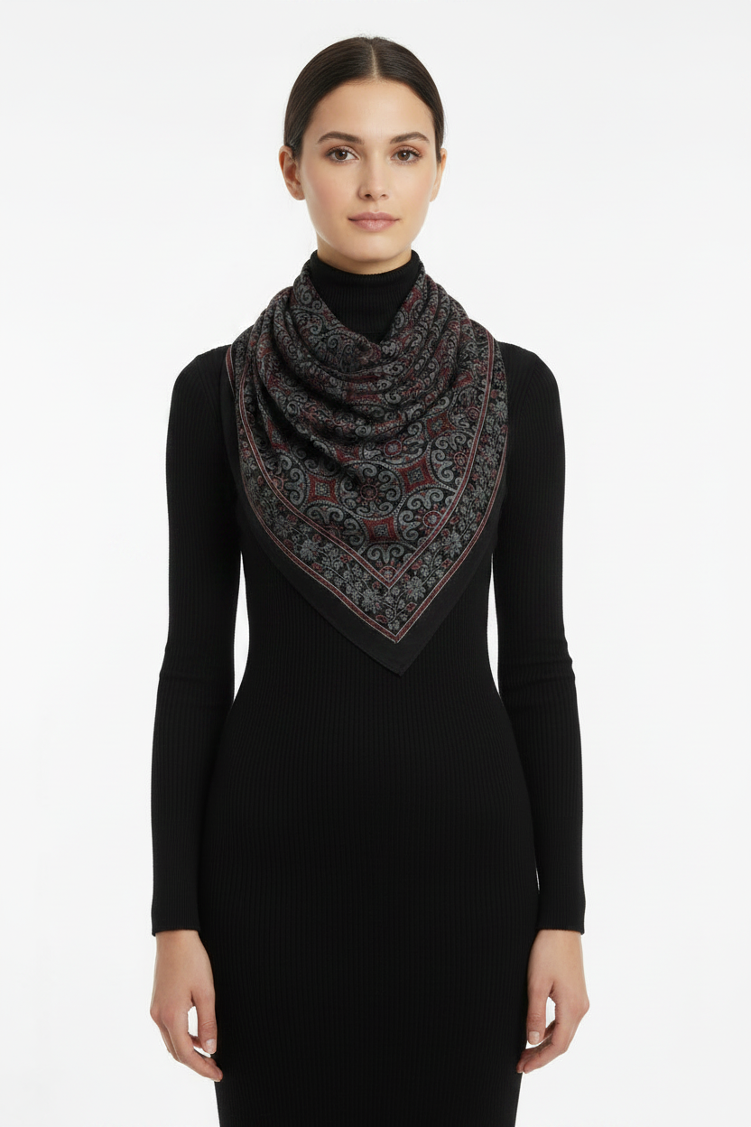 Ajrakh Hand Block Print Black Color Cotton Scarf | Traditional Geometric Print | 120×105 cm