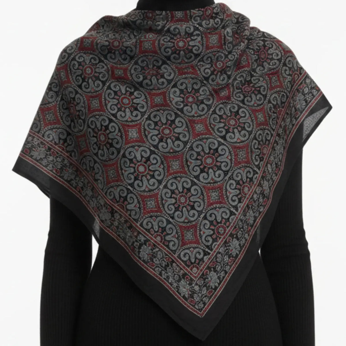 Ajrakh Hand Block Print Black Color Cotton Scarf | Traditional Geometric Print | 120×105 cm