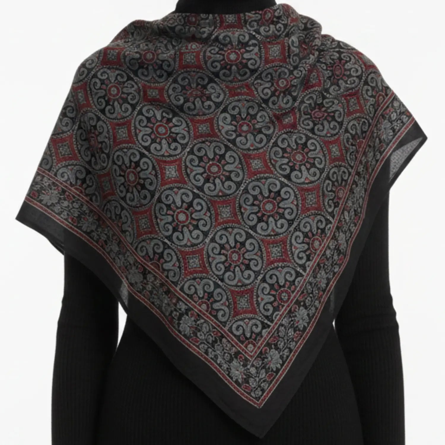 Ajrakh Hand Block Print Black Color Cotton Scarf | Traditional Geometric Print | 120×105 cm
