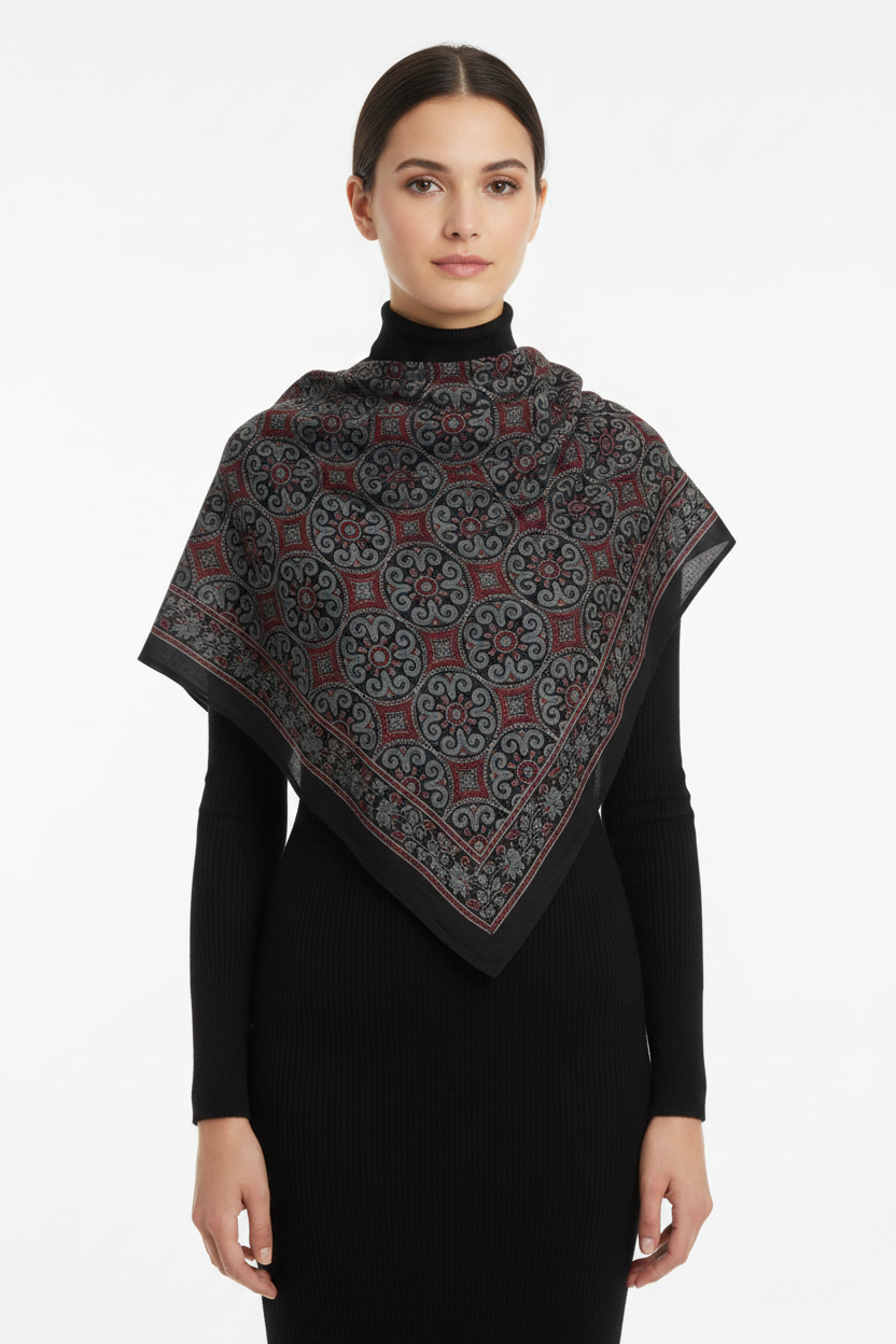Ajrakh Hand Block Print Black Color Cotton Scarf | Traditional Geometric Print | 120×105 cm