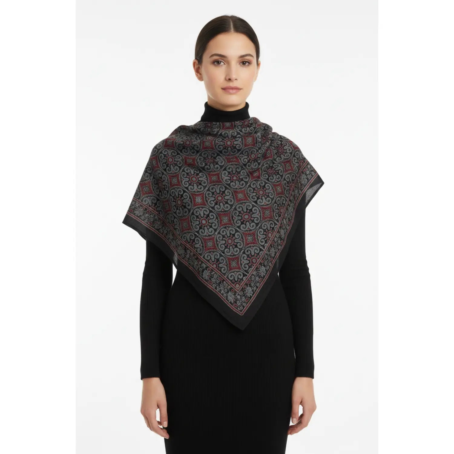 Ajrakh Hand Block Print Black Color Cotton Scarf | Traditional Geometric Print | 120×105 cm