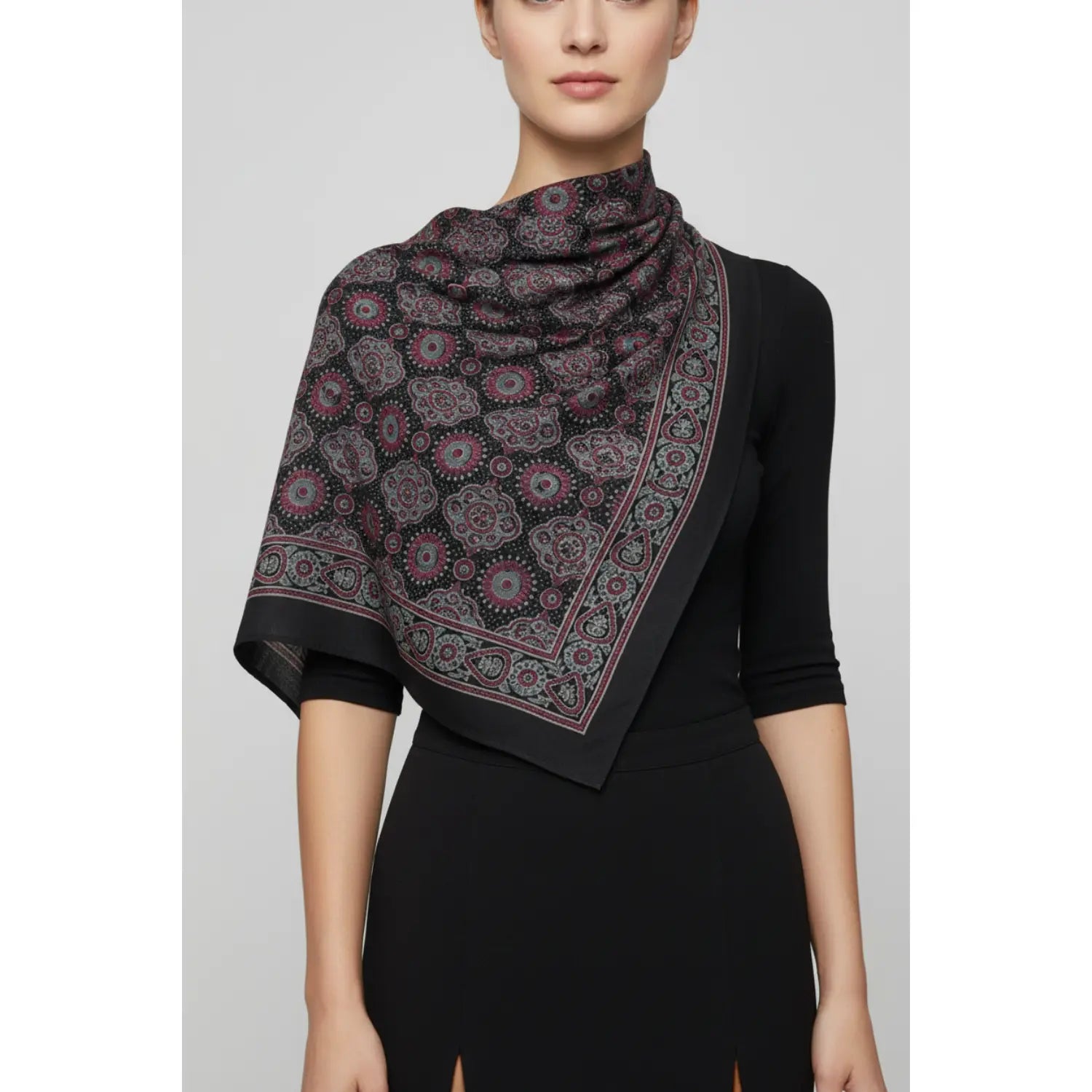 Ajrakh Hand Block Print Black Color Cotton Scarf | Traditional Geometric Print | 120×105 cm