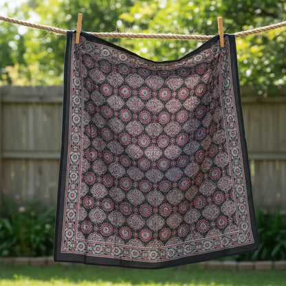 Ajrakh Hand Block Print Black Color Cotton Scarf | Traditional Geometric Print | 120×105 cm