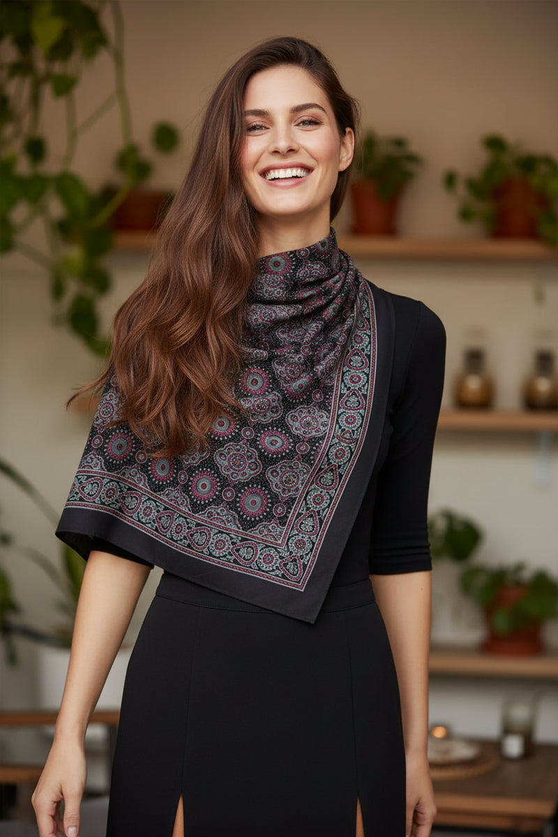 Ajrakh Hand Block Print Black Color Cotton Scarf | Traditional Geometric Print | 120×105 cm