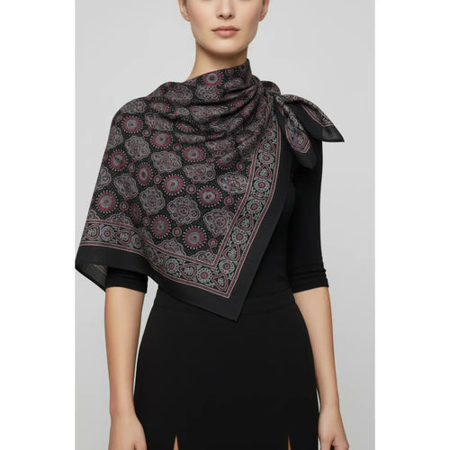 Ajrakh Hand Block Print Black Color Cotton Scarf | Traditional Geometric Print | 120×105 cm