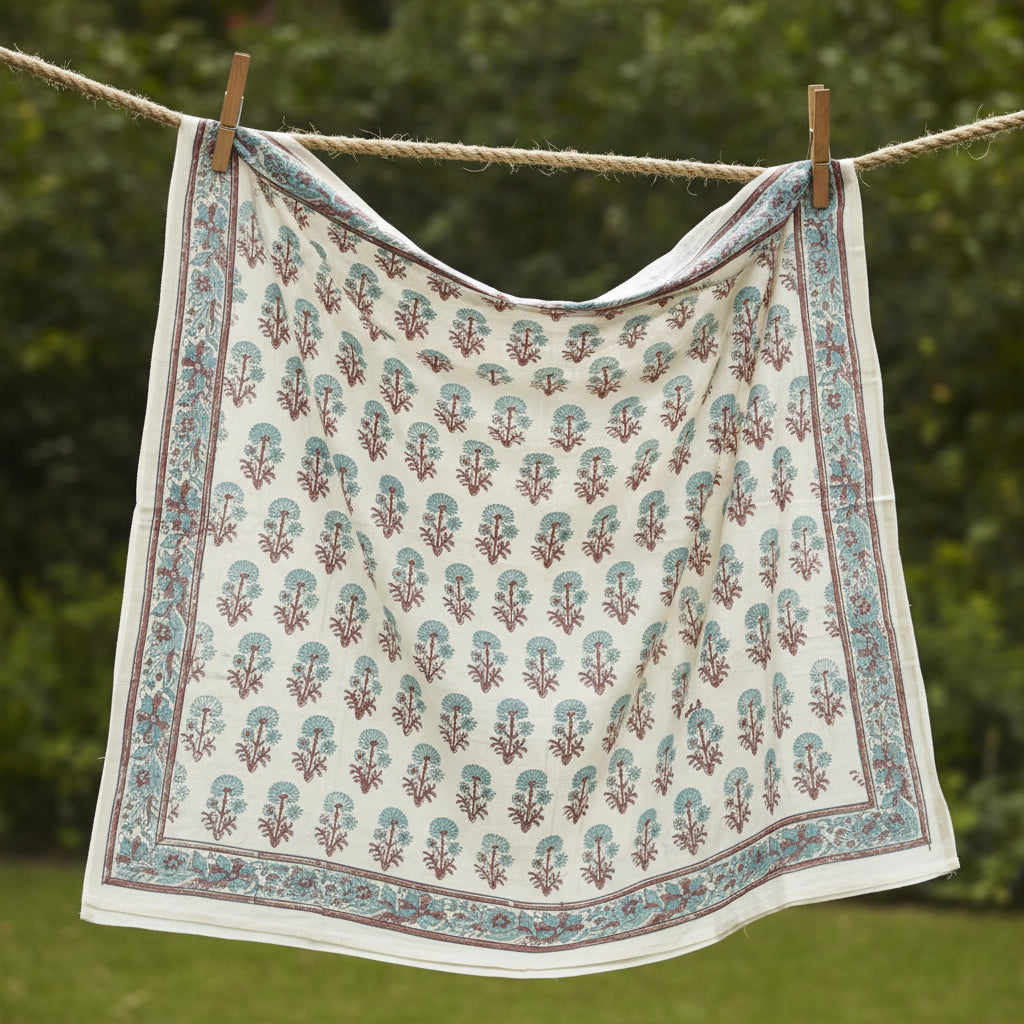 Ajrakh Hand Block Print Beige Color Cotton Scarf | Traditional Geometric Print | 120×105 cm