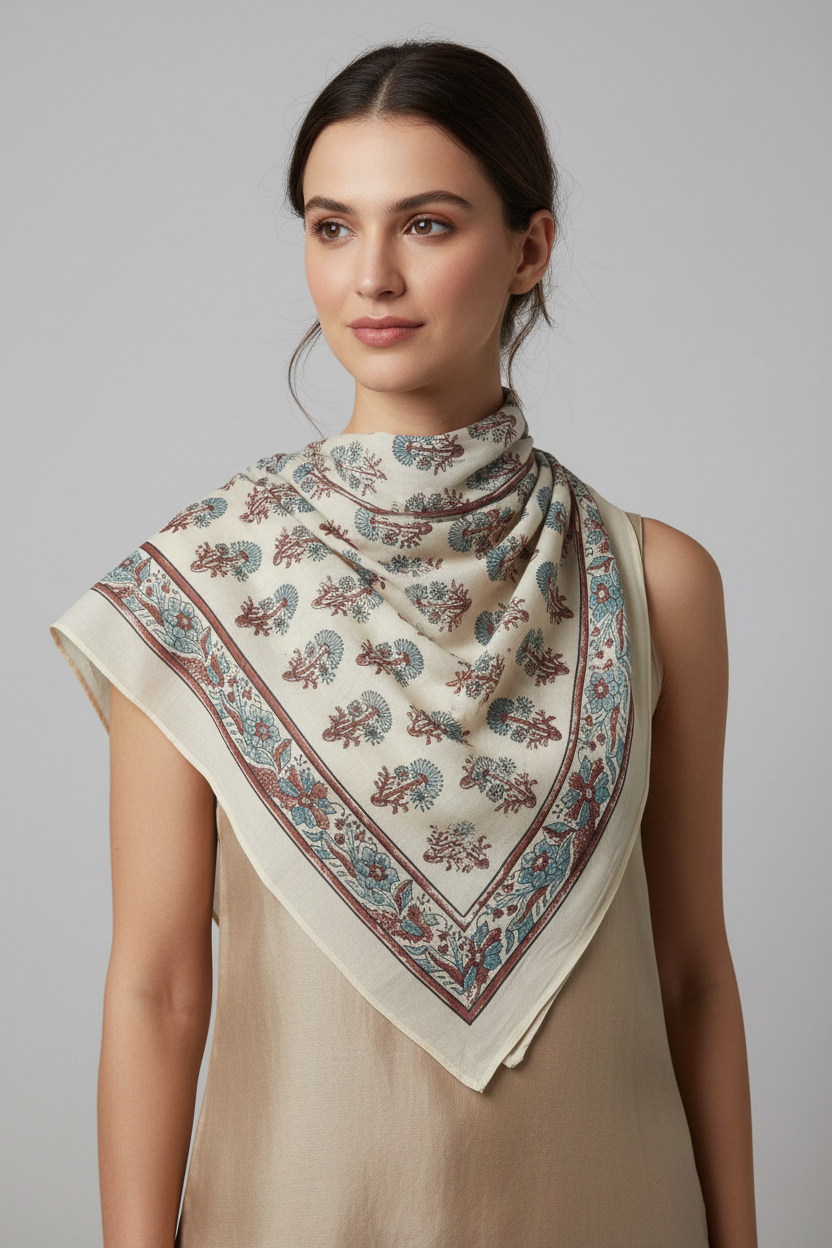 Ajrakh Hand Block Print Beige Color Cotton Scarf | Traditional Geometric Print | 120×105 cm