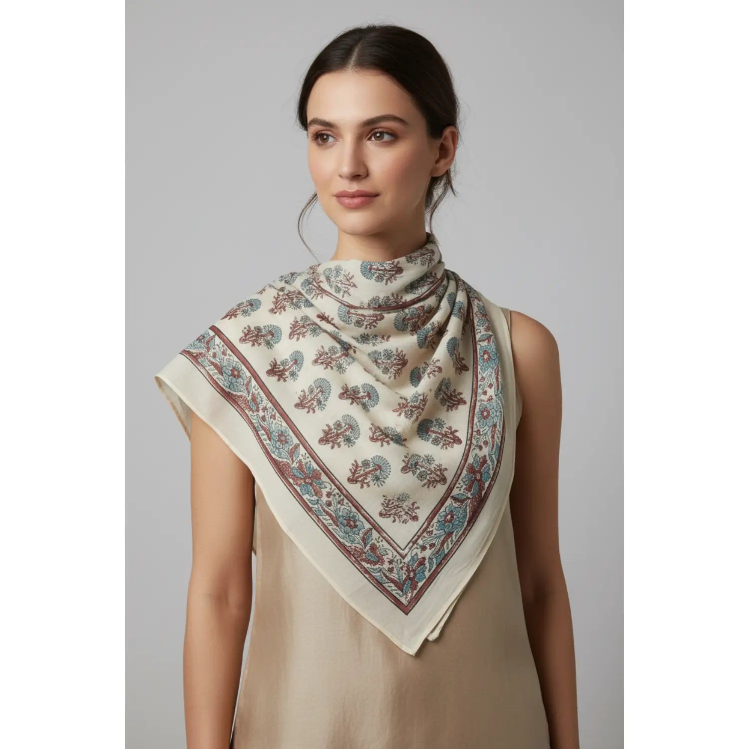 Ajrakh Hand Block Print Beige Color Cotton Scarf | Traditional Geometric Print | 120×105 cm