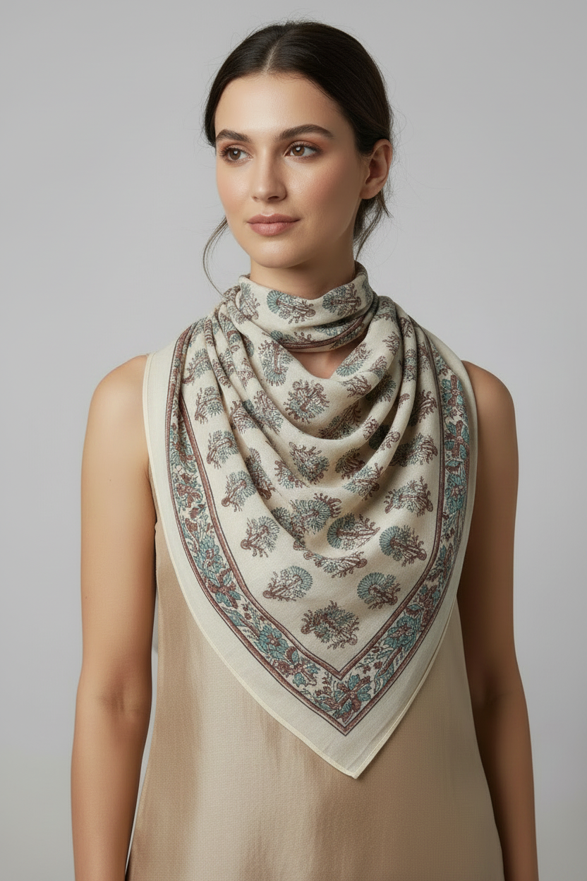 Ajrakh Hand Block Print Beige Color Cotton Scarf | Traditional Geometric Print | 120×105 cm