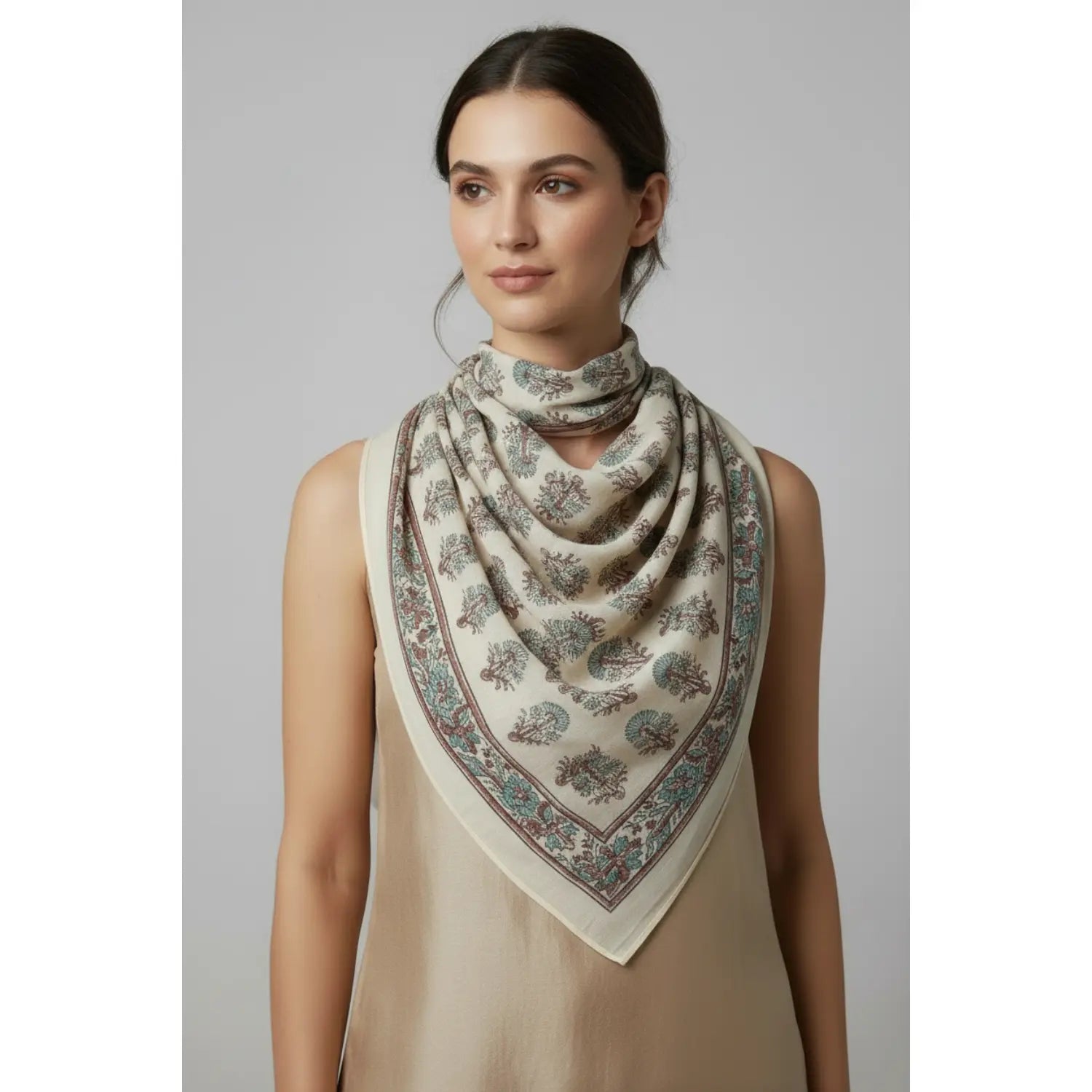 Ajrakh Hand Block Print Beige Color Cotton Scarf | Traditional Geometric Print | 120×105 cm