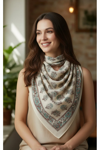 Ajrakh Hand Block Print Beige Color Cotton Scarf | Traditional Geometric Print | 120×105 cm