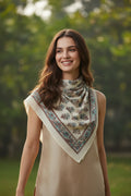 Ajrakh Hand Block Print Beige Color Cotton Scarf | Traditional Geometric Print | 120×105 cm