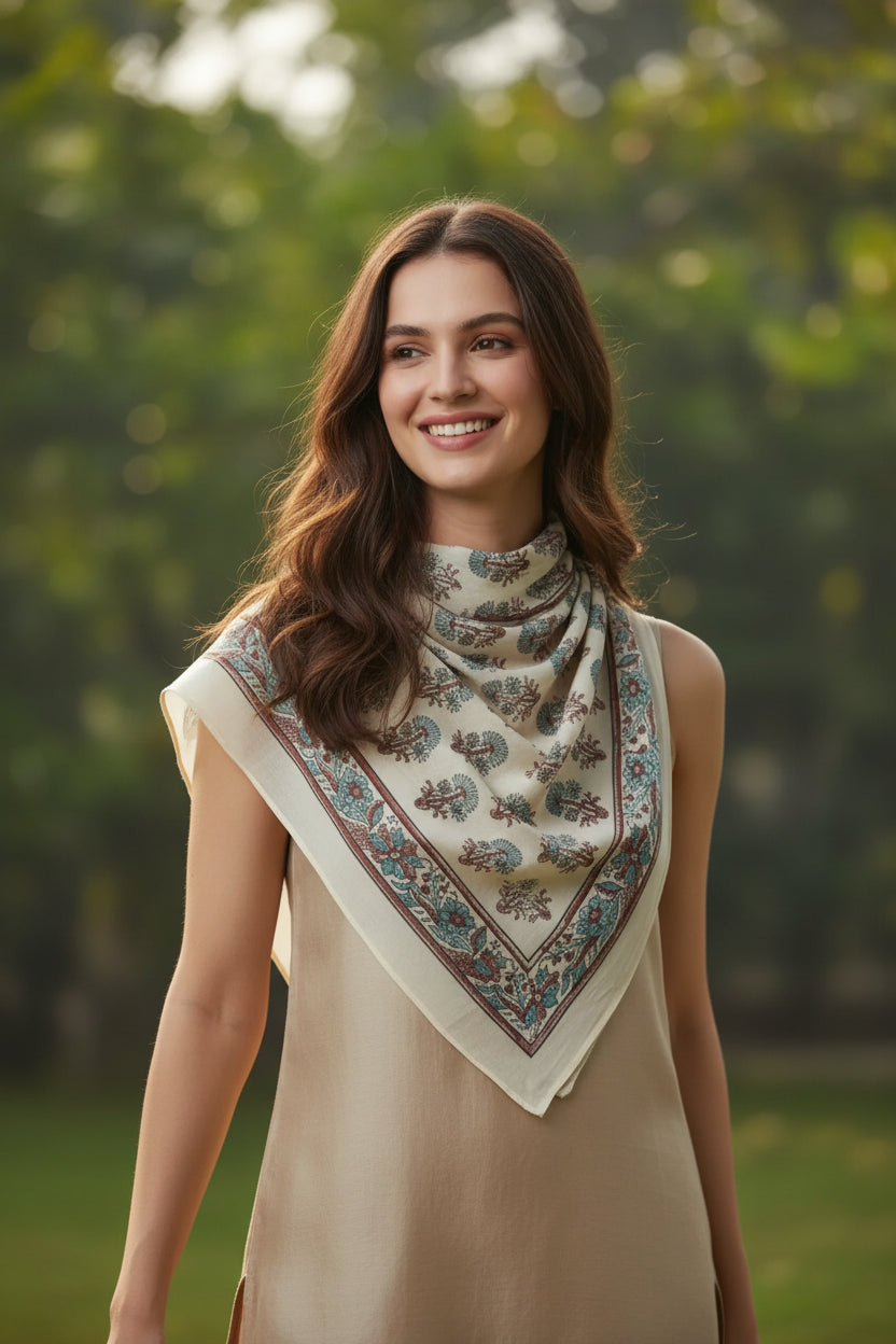 Ajrakh Hand Block Print Beige Color Cotton Scarf | Traditional Geometric Print | 120×105 cm