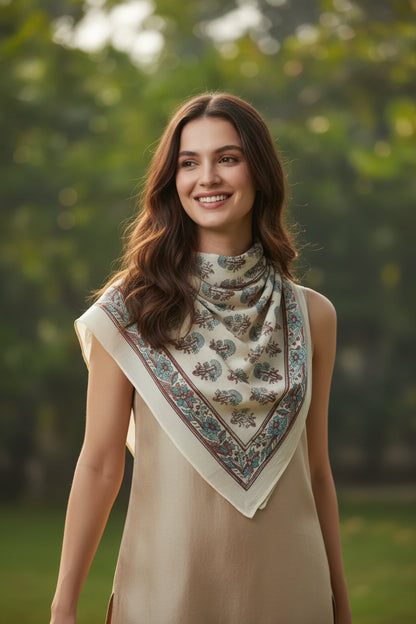 Ajrakh Hand Block Print Beige Color Cotton Scarf | Traditional Geometric Print | 120×105 cm