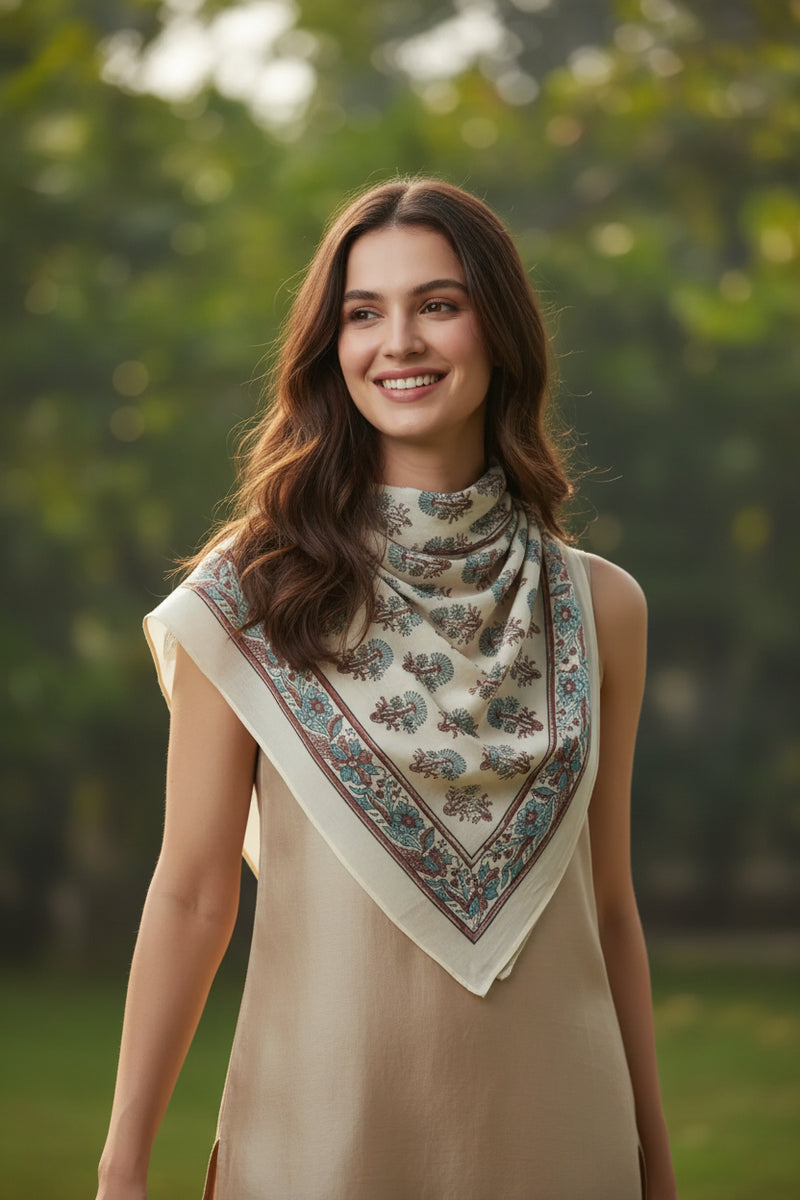 Ajrakh Hand Block Print Beige Color Cotton Scarf | Traditional Geometric Print | 120×105 cm
