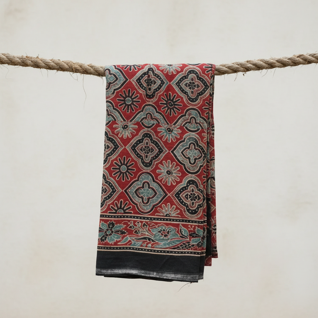 Ajrakh Hand Block Print Maroon Color Cotton Scarf | Traditional Geometric Print | 120×105 cm