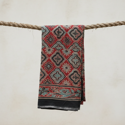 Ajrakh Hand Block Print Maroon Color Cotton Scarf | Traditional Geometric Print | 120×105 cm