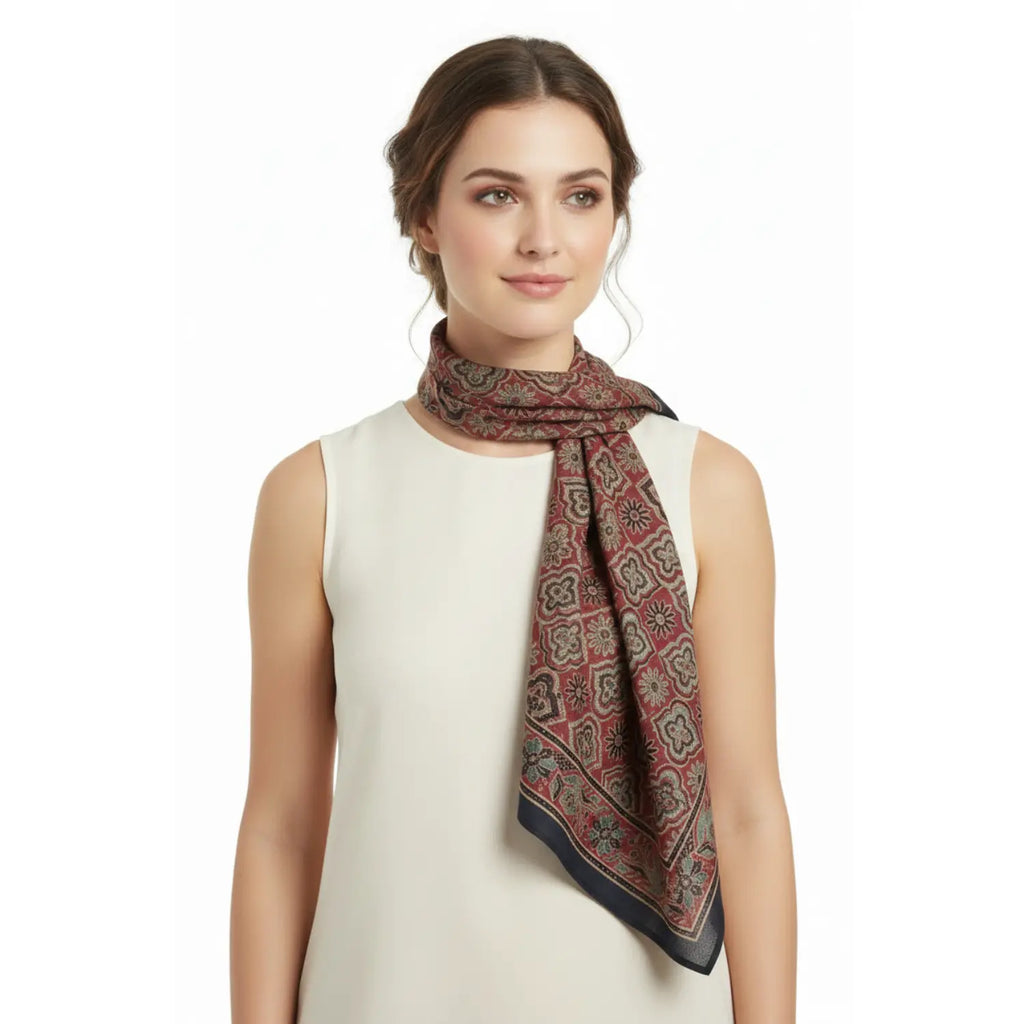 Ajrakh Hand Block Print Maroon Color Cotton Scarf | Traditional Geometric Print | 120×105 cm