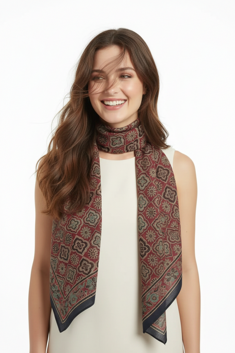 Ajrakh Hand Block Print Maroon Color Cotton Scarf | Traditional Geometric Print | 120×105 cm