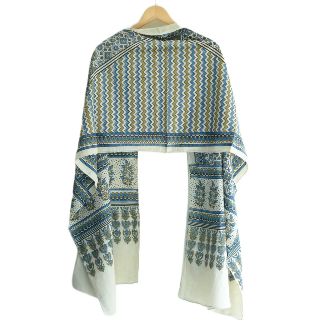 Ajrakh Hand Block Print Grey Color Cotton Stole | Traditional Geometric Print | L210 X W55 cm