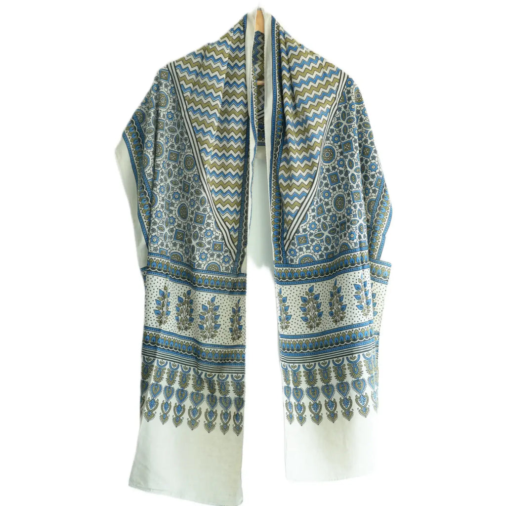Ajrakh Hand Block Print Grey Color Cotton Stole | Traditional Geometric Print | L210 X W55 cm