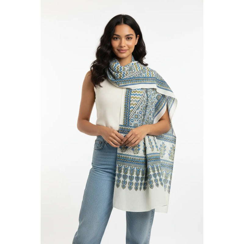 Ajrakh Hand Block Print Grey Color Cotton Stole | Traditional Geometric Print | L210 X W55 cm