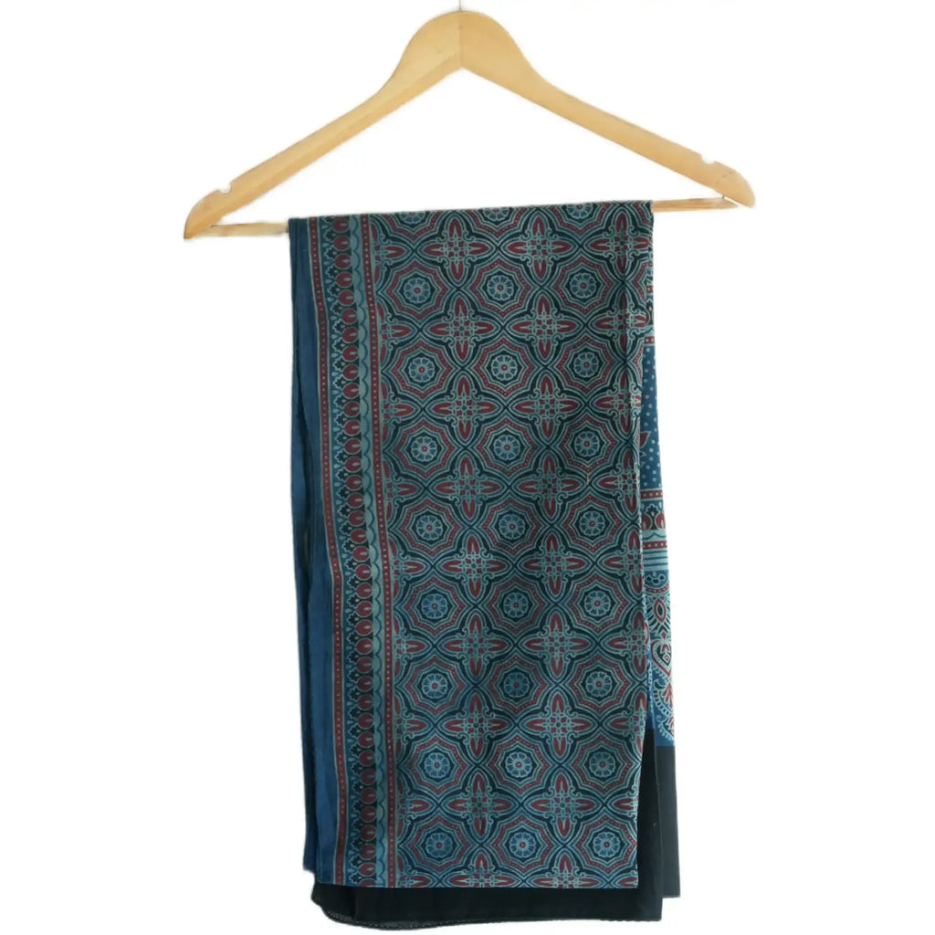 Ajrakh Hand Block Print Navy Blue Color Cotton Stole | Traditional Geometric Print | L210 X W55 cm