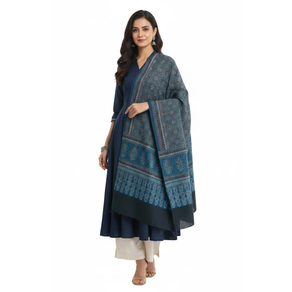 Ajrakh Hand Block Print Navy Blue Color Cotton Stole | Traditional Geometric Print | L210 X W55 cm